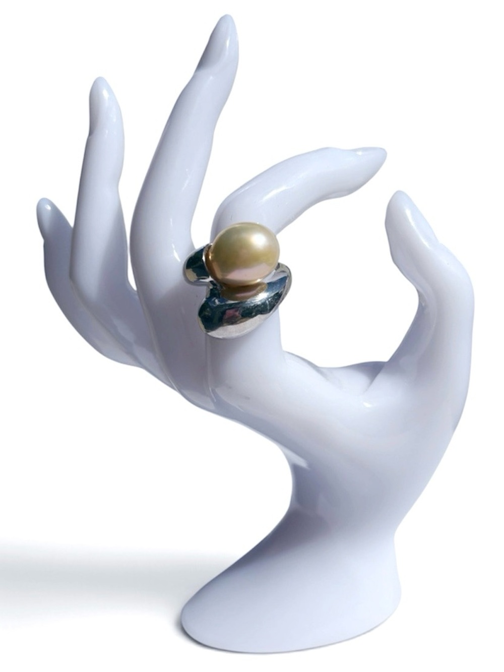 Vintage Modernist 925 Fresh Water Pearl Bypass Ring Stamped OP